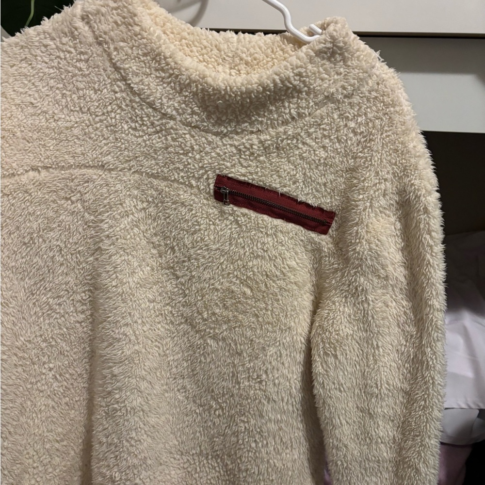 Cozy Cream Sherpa Sweater with Red Accent